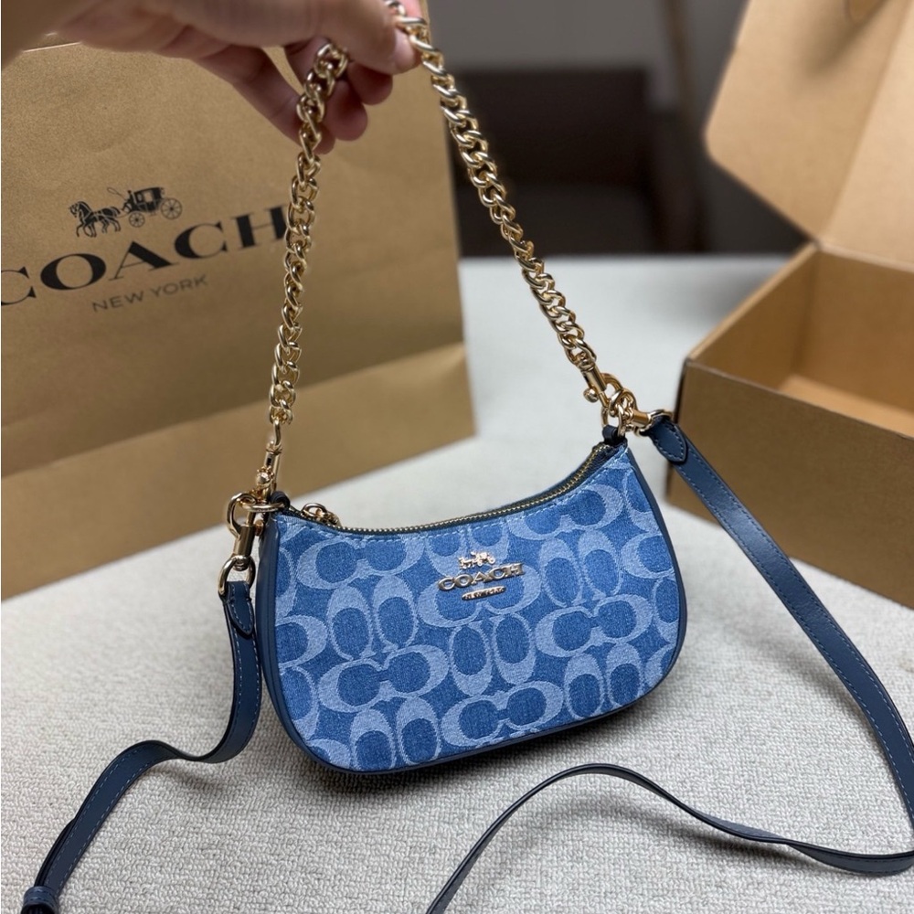 Coach Blue Signature Canvas Mini Shoulder Bag with Gold Chain